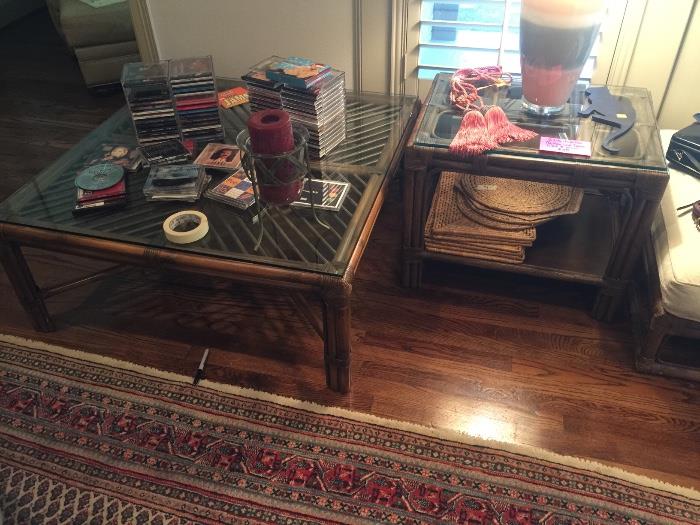 Rattan coffee table and matching end table and ottoman