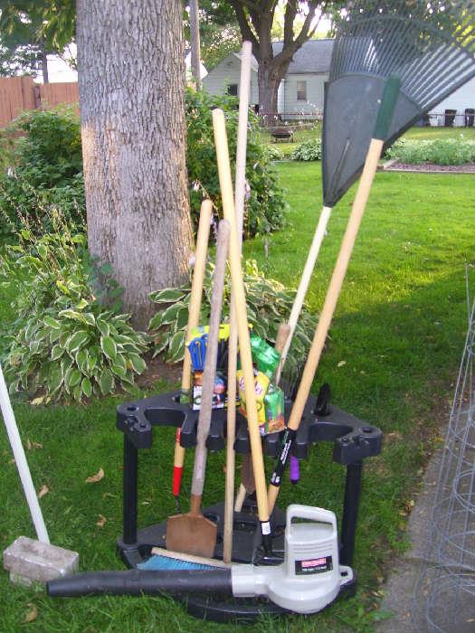 An assortment of yard tools.