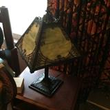 Miller Arts and Crafts lamp metalwork over slag glass