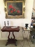 Pillar and Scroll card table with butterfly top, Marble topped Italian? bronze table, pair silver candlesticks, brilliant American cut glass dish, original oil painting on canvas by Dallas artist Genie Davis