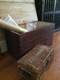 Antique Deer hide trunk/ document box and primitive hinged chest with 1800's newspaper