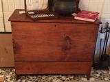 Antique Pine mule chest or blanket box with flip open lid and single drawer at bottom.