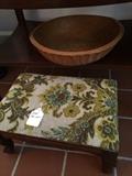 antique footstool, carved Mexican bowl