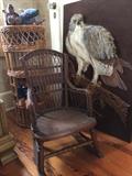 Antique Child's wicker chair fiber art owl made with mohair