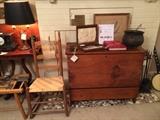 R to L : 5-string Bruno banjo, Shaker-style pine mule chest, with early American cast iron kettle, Shaker style ladder back rocking chair with flame finials.