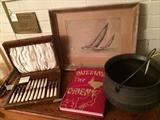 Goodies: Mappin and Webb princes plate fish set, "Buzzing The Orient" USS Hornet CVA-12 Far Eastern Cruise 1957, cast Iron Pot Kettle, original pencil signed etching by Frederick L. Owen "The Windward Leg Class M"