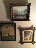 3 vintage prints in frame, clockwise from top: Shepherd with Flock, the Falls, MA Stocking I cannot Get Beyond the Circle of His Love