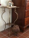 Ornate metal plant stand with marble insert top, cast iron owl lantern, original Goto figural owl