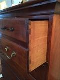 Detail of antique New England showing dovetails and hardware, The orignal brasses as they are will be included with the sale of chest.