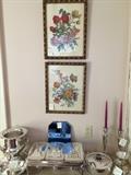 2 of 4 framed floral prints, Leonard Champagne cooler, triple fierking chafing dish, lidded server italy, pair BM Co candlesticks, blue vanity mirror