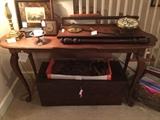 Queen Anne console table, Gustav Becker Clock WITH key in broken case, Under table: Broken case parts for Gustav Becker Clock and antique Pine Blanket chest