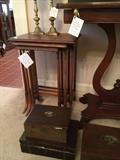 1930's stacking tables, antique writing boxes and lap desks