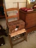 19th century Shaker style ladder back rocker with scribe marks, antique deer hide chest trunk or doll box.