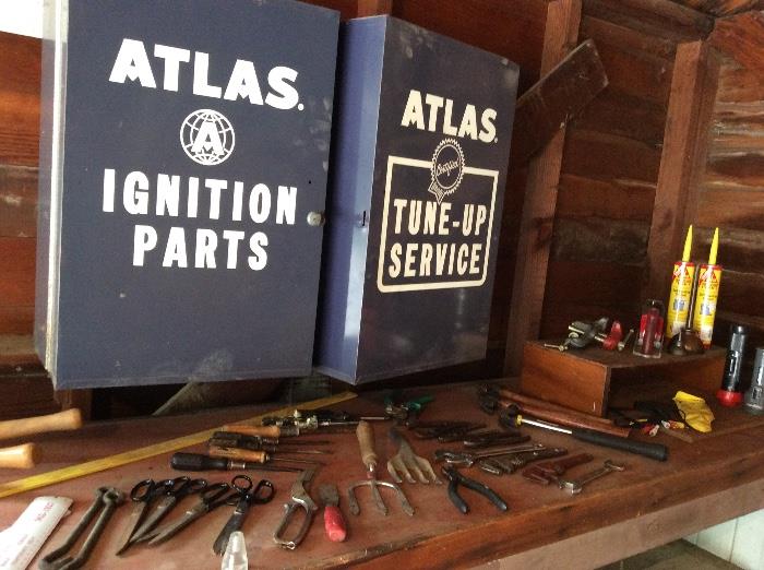 Vintage metal storage cabinet, assorted tools
