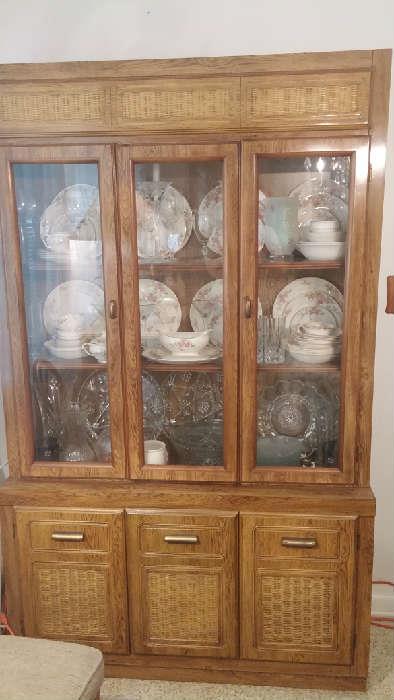 Retro Hutch filled with pressed glass platters - egg plate - USA China