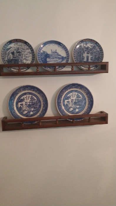 Collectable plates - not pictured a large number of Currier & Ives cups, saucers, dinner plates and more - Wooden wall plate shelves