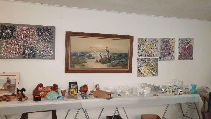 Extra Large Sofa painting Pelicans at Sunset Oil on canvas with frame - assorted Milk-Glass and glass-wear