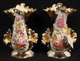 5 - Pair Old Paris vases , cobalt blue with floral designs, 10 in. T, 7 in. W.