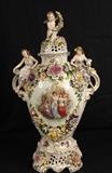 9 - Hand painted Dresden 3 piece capped urn with flowers and figures, 27 in. T, 16 in. W.
