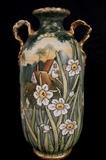 13 - Hand painted Nippon vase, green with flowers, handles with gold, 12 in. T, 6.5 in. W.
