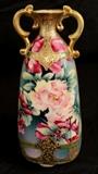 14 - Hand painted Nippon vase with handles, has roses and gold trim, 9.5 in. T.
