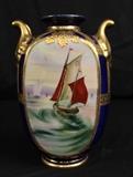 21 - Hand painted blue Nippon vase with ships and 14kt gold paint, 11 in. T.
