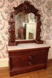 27 - Mahogany rococo dresser, orig. marble with heavily pierced carved supports, attar. to Mitchell & Rammelsberg, ca. 1860, 88 in. T. 48 in. W, 22.5 in. D.
