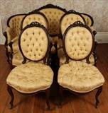 39 - Walnut 5 piece parlor suit with 4 side chairs and sofa, has yellow upholstery, sofa - 44 in. T, 73 in. W, 24 in. D.
