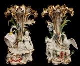 42 - Very ornate pair Old Paris vases with bisque figurines and birds, showing great mythology, ca. 1860
