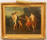 43 - Neoclassical 19th Century oil on board , depiction of the judgement of Paris, 53 x 43, ca. 1850. 
