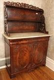 45 - Mahogany rococo parlor étagère with marble top and pierce carved top supports, ca. 1855, 68 in. T, 50 in. W, 23 in. D.
