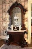 53 - Extremely rare Victorian hall tree in rosewood with white marble and bronze seahorse pegs, 96 in. T, 47 in. W, 16 in. D.
