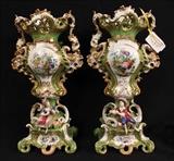 58 - Pair of Old Paris rococo vases with figures, green in color, 25 in. T, 11 in. W.
