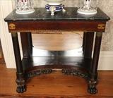 64 - Period Empire pier table in original finish with stenciling and black and gold marble, 35 in. T, 39 in. W, 17 in. D.
