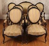 70 - Walnut Victorian 5 piece parlor suite, triple back sofa with 4 arm chairs, gold upholstery, ca. 1860, sofa, 44 in. T, 73 in. W, 26 in. D, chair 39  in. T.
