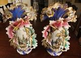 71 - Monumental pair Old Paris vases with great art scenes and blue background.
