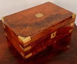 82 - Burl walnut lap  desk with brass trim, complete interior with key, 5 in. T, 14 in. W, 5 in. D.
