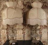 85 - Matched pair cut glass lamps with prisms and silk shades, 25 in. T.
