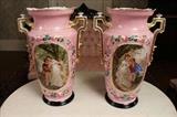 102 - Matched pair oversized old Paris vases with courting scene, 18 in. T, 11 in. W.
