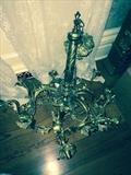 101 - Brass and bronze rococo12 light chandelier with Victorian style shades, 30 in. W, 31 in. T.
