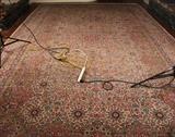 112 - Handmade Persian rug with original made in Persia permit label, pink, green and mauve, 15 ft. 9 in. x 9 ft. 5 in.

