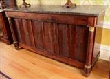 118 - Flame mahogany marble top sideboard, almost identical to one in Mt. Vernon's dining room, has crack in marble, ca. 1815, 42 in. T, 80 in. W, 24 in. D.
