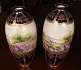 126 - Pair of outstanding hand painted Nippon vases with cobalt blue and gold enamel, 15 in. T.
