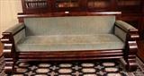 128 - Mahogany Empire sofa with green upholstery, possibly Meeks, 36 in. T, 83 in. W, 21 in. D, ca. 1830.
