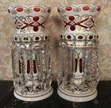 136 - Pair of extremely large white cut to cranberry lusters with 9 in. prisms, 16 in. T, 8 in. D.
