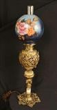 137 - Victorian brass and onyx banquet lamp with hand painted shade, has been electrified, 33 in T.
