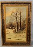 134 - Oil on canvas of winter scene in great old frame, signed by J.E. Ramey, 25 x 17
