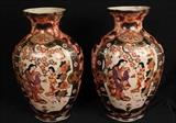 138 - Matched pair hand painted oversized Satsuma vases, 19 in. T, 12 in. W.
