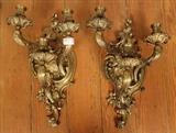 145 - Pair of bronze 3 arm sconces in heavy rococo style, 20 in. T, 15 in. W.
