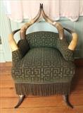 155 - Victorian horn chair with original fabric and fringe, 34 in. T, 26 in. W, 17 in. D.
